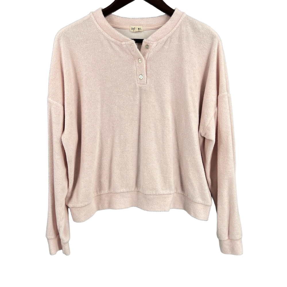 Donni Sweatshirt Pink Terry Cloth Long Sleeve Pullover Henley Drop Shoulder XL